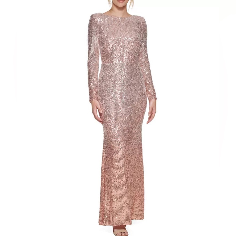 ELIZA J Sequin V Back Long Sleeve Trumpet Gown Size 8